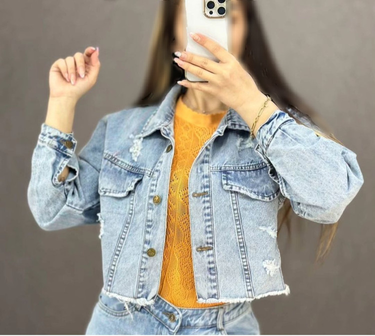 کت کوتاه جین زنانه زاپدار پایین ریش یخی